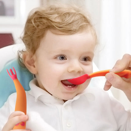 Baby Learning To Eat Bending Training Elbow Twisting Spoon Fork(Red)-garmade.com