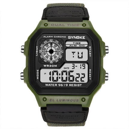 SYNOKE 9619B Nylon Canvas Strap Luminous Waterproof Digital Watch(Green Head Green Belt)-garmade.com