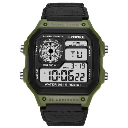 SYNOKE 9619B Nylon Canvas Strap Luminous Waterproof Digital Watch(Green Head Black Belt)-garmade.com