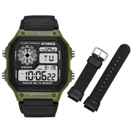 SYNOKE 9619B Nylon Canvas Strap Luminous Waterproof Digital Watch(Green Head Black Belt)-garmade.com