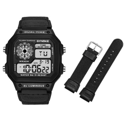 SYNOKE 9619B Nylon Canvas Strap Luminous Waterproof Digital Watch(Black Head Black Belt)-garmade.com