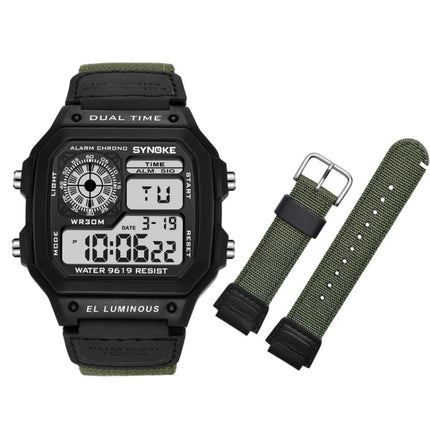 SYNOKE 9619B Nylon Canvas Strap Luminous Waterproof Digital Watch(Black Head Green Belt)-garmade.com
