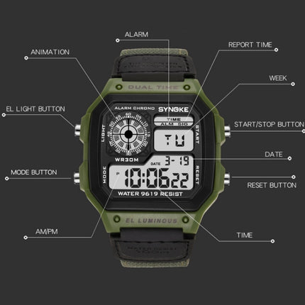 SYNOKE 9619B Nylon Canvas Strap Luminous Waterproof Digital Watch(Black Head Green Belt)-garmade.com