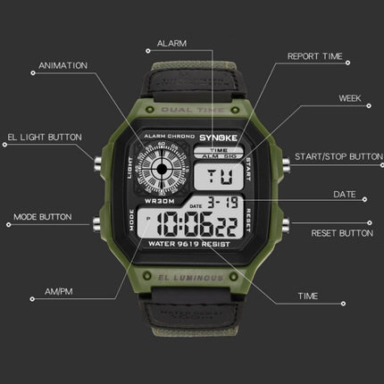 SYNOKE 9619B Nylon Canvas Strap Luminous Waterproof Digital Watch(Green Head Black Belt)-garmade.com