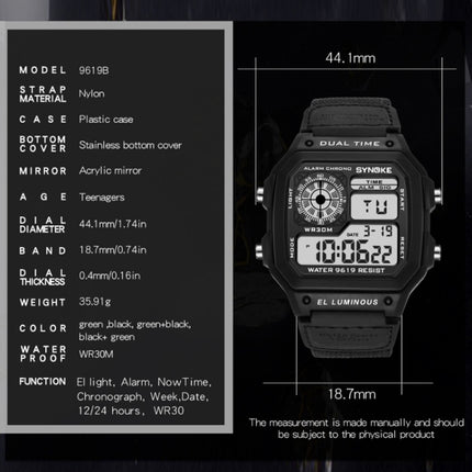 SYNOKE 9619B Nylon Canvas Strap Luminous Waterproof Digital Watch(Green Head Black Belt)-garmade.com