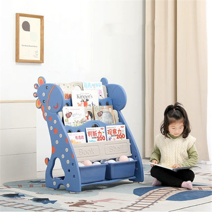 Childrens Bookshelf Simple Household Floor Shelf Baby Bookcase Storage Kindergarten Multi-layer Cartoon Picture Book Rack, Style:4 Layers + Storage Box(Blue)-garmade.com