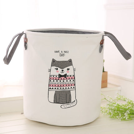 Fabric Round Dirty Clothes Bucket Home Children Toy Folding Storage Basket(Pink Cat)-garmade.com