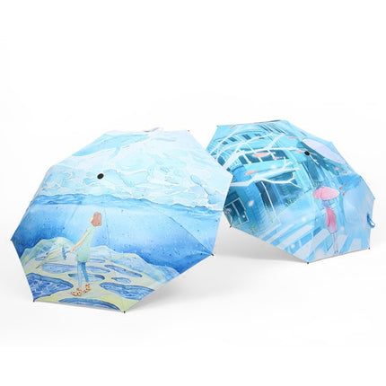 Art Small Fresh Umbrella Folding Sun and Rain Dual-use Umbrella Sun Protection and UV Protection Vinyl Sun Umbrella(Beach Walk)-garmade.com