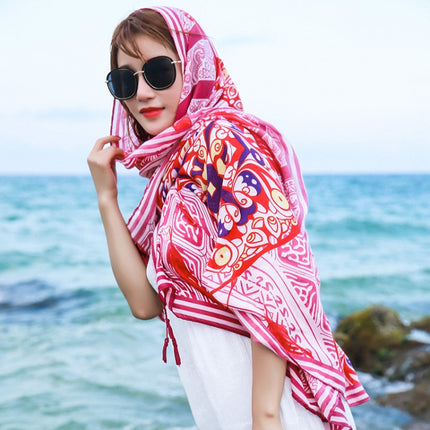 Summer Cotton and Linen Ethnic Travel Silk Scarf Sunscreen Big Shawl Ladies Beach Towel, Size:180 x 100cm(Leaf Totem)-garmade.com