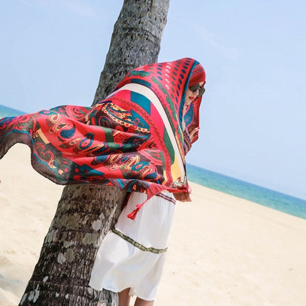 Summer Cotton and Linen Ethnic Travel Silk Scarf Sunscreen Big Shawl Ladies Beach Towel, Size:180 x 100cm(Red Cashew Nuts)-garmade.com