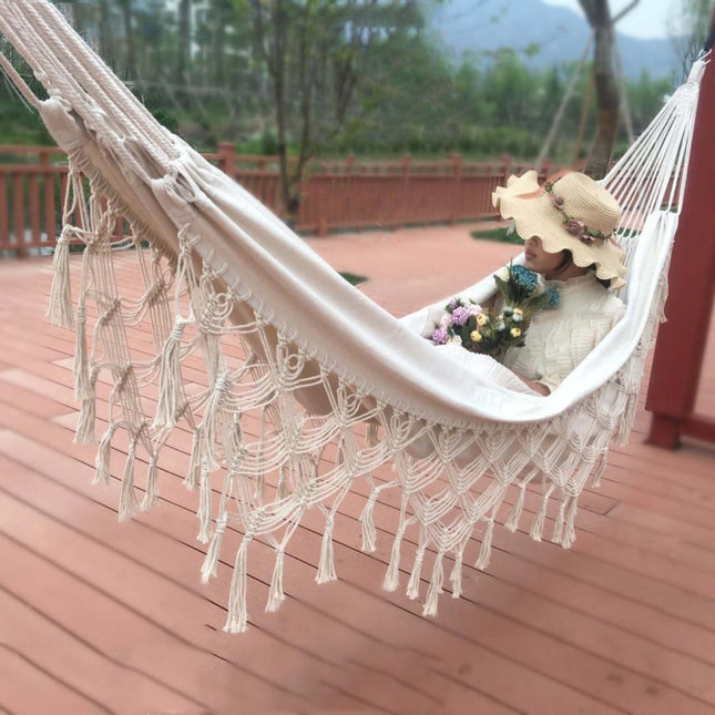 Tassel Hammock Double Canvas Hammock Outdoor Indoor Photography Props, Specification:200x150cm White-garmade.com
