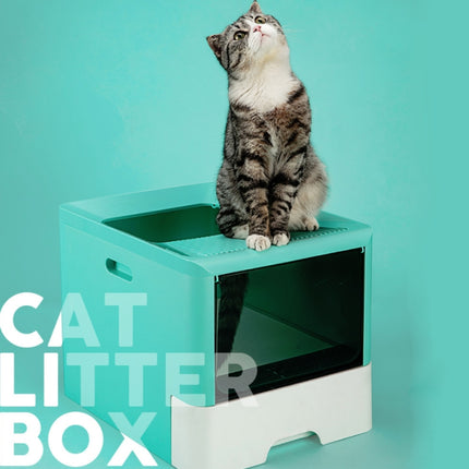 Fully Enclosed Drawer Type Cat Litter Box Pet Toilet with Shovel(Blue Green)-garmade.com