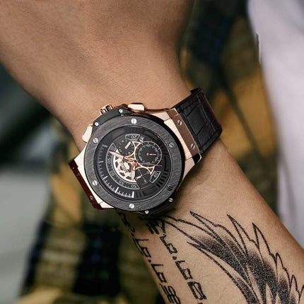 BAOGELA 1910 Multifunction Watch Outdoor Sports Calendar Quartz Mens Watch(Rose Gold Shell)-garmade.com