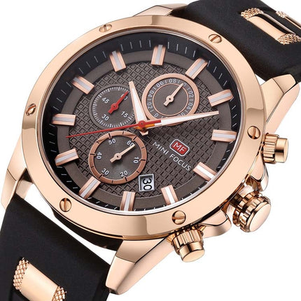 MINI FOCUS MF0089G Waterproof Quartz Watch Luminous Men Sports Watch(Coffee Surface Gold Shell Black Belt)-garmade.com