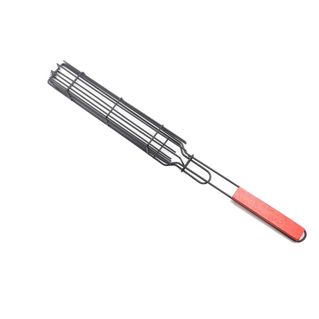 2 PCS Hot Dog Barbecue Cage Sausage Barbecue Clip Barbecue Clip Mesh Wooden Handle Barbecue Mesh Rack, Color:Red-garmade.com