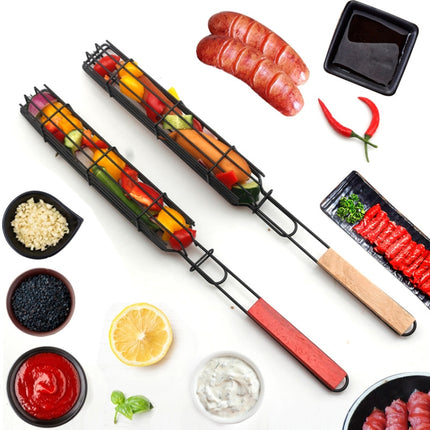 2 PCS Hot Dog Barbecue Cage Sausage Barbecue Clip Barbecue Clip Mesh Wooden Handle Barbecue Mesh Rack, Color:Red-garmade.com
