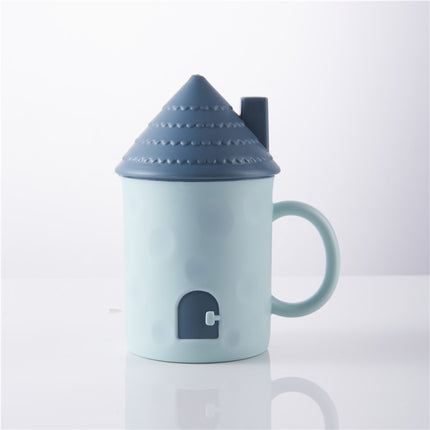 3 PCS Children Creative Small House Mouth Cup with Lid Dustproof Student Dormitory Drinking Cup Home Couple Cup(Light Blue)-garmade.com