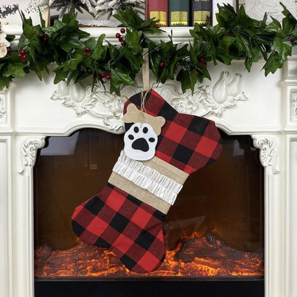 Christmas Decorations Christmas Socks Gift Bags Bones Pets Pendants(Red Black Grid)-garmade.com