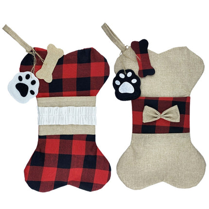 Christmas Decorations Christmas Socks Gift Bags Bones Pets Pendants(Red Black Grid)-garmade.com