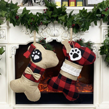 Christmas Decorations Christmas Socks Gift Bags Bones Pets Pendants(Red Black Grid)-garmade.com