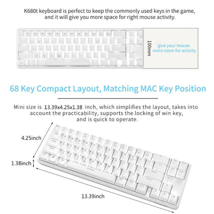 Ajazz K680T Mini USB Wired Dual-mode Charging 68-keys Laptop Bluetooth Mechanical Keyboard, Cable Length: 1.6m, Style:Green Shaft(White)-garmade.com