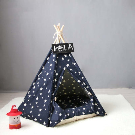 Pet Kennel Corgi Small and Medium Dog Pet Tent, Specification: Small 40×40×50cm(Navy Beige Star with Cushion)-garmade.com