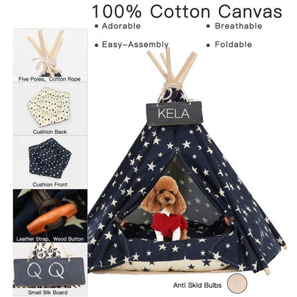 Pet Kennel Corgi Small and Medium Dog Pet Tent, Specification: Medium 50×50×60cm(Navy Beige Star with Cushion)-garmade.com