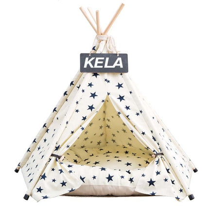 Cotton Canvas Pet Tent Cat and Dog Bed with Cushion, Specification: Small 40×40×50cm(Beige Star)-garmade.com