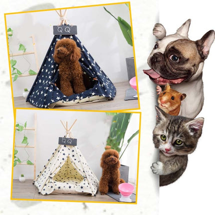 Cotton Canvas Pet Tent Cat and Dog Bed with Cushion, Specification: Small 40×40×50cm(Beige Star)-garmade.com