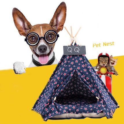 Cotton Canvas Pet Tent Cat and Dog Bed with Cushion, Specification: Small 40×40×50cm(Navy Red Five-pointed Star)-garmade.com