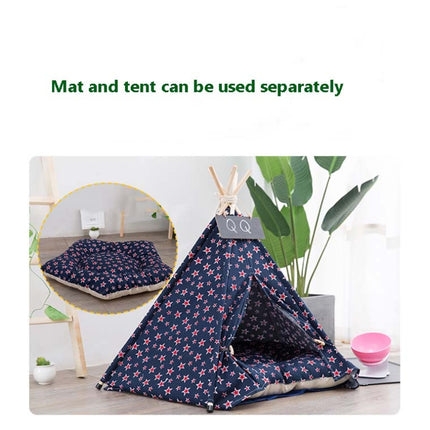 Cotton Canvas Pet Tent Cat and Dog Bed with Cushion, Specification: Medium 50×50×60cm(Navy Red Five-pointed Star)-garmade.com