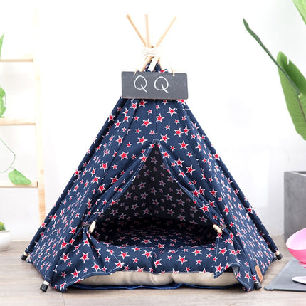 Cotton Canvas Pet Tent Cat and Dog Bed with Cushion, Specification: Large 60×60×70cm(Navy Red Five-pointed Star)-garmade.com