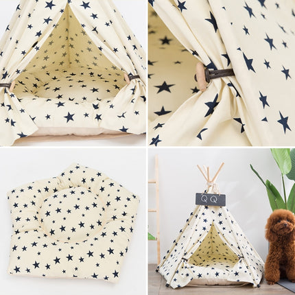 Cotton Canvas Pet Tent Cat and Dog Bed with Cushion, Specification: Large 60×60×70cm(Navy Red Five-pointed Star)-garmade.com