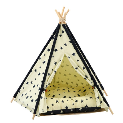 Cotton Canvas Pet Tent Cat and Dog Bed with Cushion, Specification: Medium 50×50×60cm(Beige Navy Star)-garmade.com