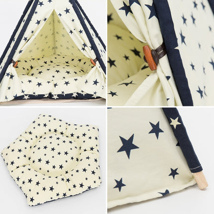 Cotton Canvas Pet Tent Cat and Dog Bed with Cushion, Specification: Medium 50×50×60cm(Beige Navy Star)-garmade.com