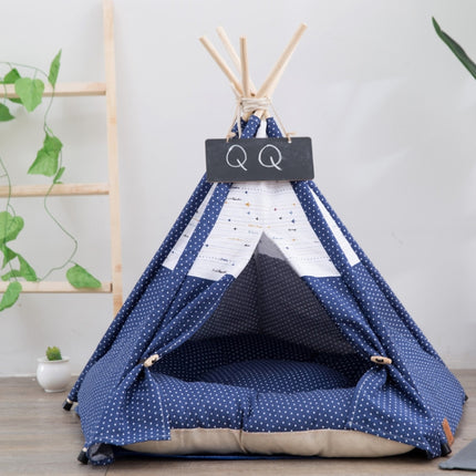 Cotton Canvas Pet Tent Cat and Dog Bed with Cushion, Specification: Small 40×40×50cm(Navy Blue Dot)-garmade.com
