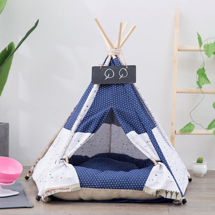 Cotton Canvas Pet Tent Cat and Dog Bed with Cushion, Specification: Medium 50×50×60cm(White Dots)-garmade.com