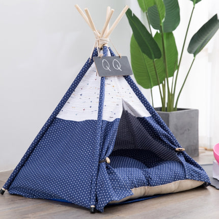 Cotton Canvas Pet Tent Cat and Dog Bed with Cushion, Specification: Medium 50×50×60cm(Navy Blue Dot)-garmade.com