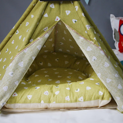 Cotton Canvas Pet Tent Cat and Dog Bed with Cushion, Specification: Medium 50×50×60cm(Yellow Triangle)-garmade.com