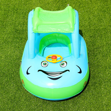 Sunshade and Sunscreen Baby Swimming Ring Car Boat Shape Inflatable Swimming Ring with Horn(Light Blue + Green)-garmade.com