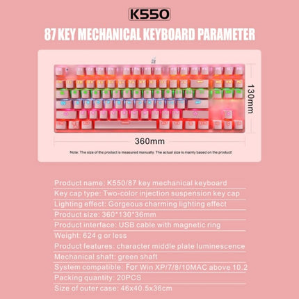 LEAVEN K550 87 Keys Green Shaft Gaming Athletic Office Notebook Punk Mechanical Keyboard, Cable Length: 1.8m(Pink )-garmade.com