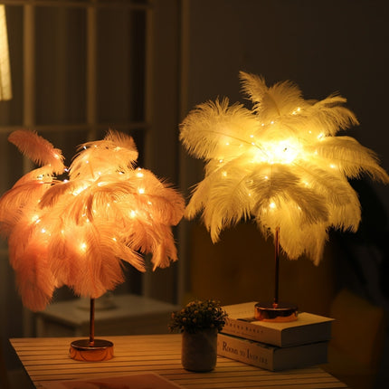 Ostrich Feather Table Lamp Wrought Iron Night Light LED Copper Wire Lamp(Yellow)-garmade.com