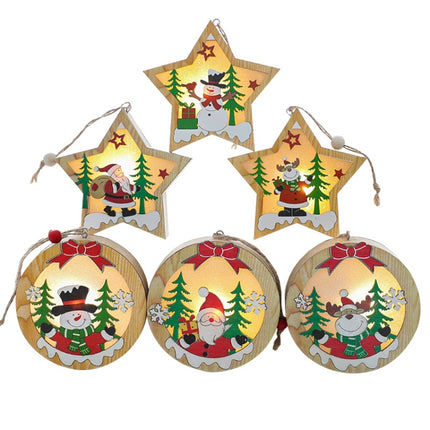 2 PCS Christmas Decoration Wooden Luminous Pendant Christmas Tree Decoration Accessories, Style:Round(Santa)-garmade.com