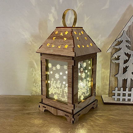 Wooden Christmas Decoration Wind Lantern LED Luminous Ornaments Portable Lantern Holiday Lights, Size:S(B)-garmade.com