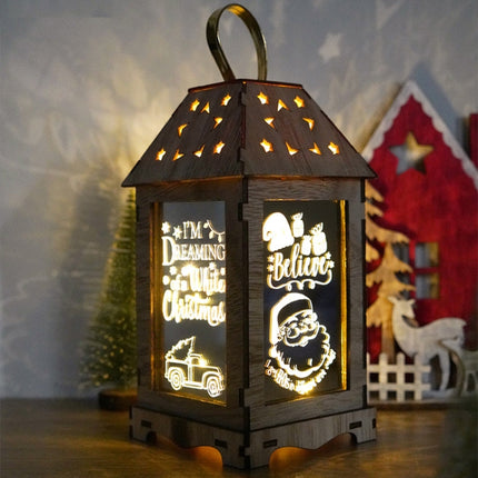 Wooden Christmas Decoration Wind Lantern LED Luminous Ornaments Portable Lantern Holiday Lights, Size:L(A Santa Claus)-garmade.com