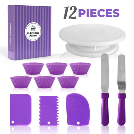 12 PCS/Set Cake Turntable Set Decorating Table Decorating Mouth Silicone Bag Baking DIY Combination-garmade.com