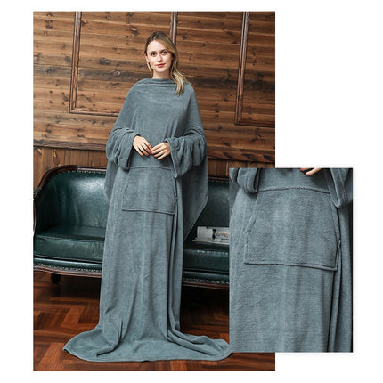 Flannel Long Pullover Warm Blanket with Sleeve(Gray)-garmade.com