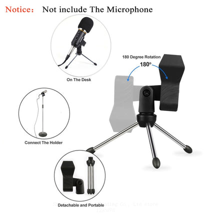 Microphone Stand Adjustable Microphone Stand Foldable Mic Clamp Clip Holder Stand Metal Tripod(Black)-garmade.com