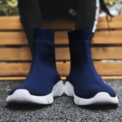 Knit Upper Breathable Sport Sock Boots Chunky Sneakers High Top Running Shoes for Men / Women, Shoe Size:35(Blue)-garmade.com