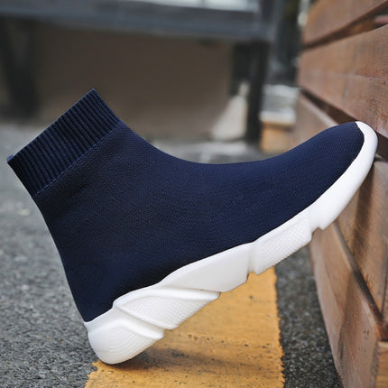 Knit Upper Breathable Sport Sock Boots Chunky Sneakers High Top Running Shoes for Men / Women, Shoe Size:35(Blue)-garmade.com